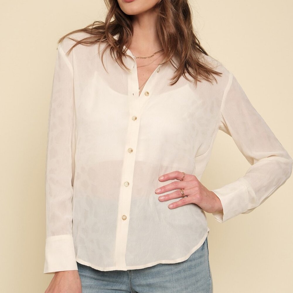Mystree Ivory Sheer Leopard Jacquard Button Down Shirt Romantic Minimalist